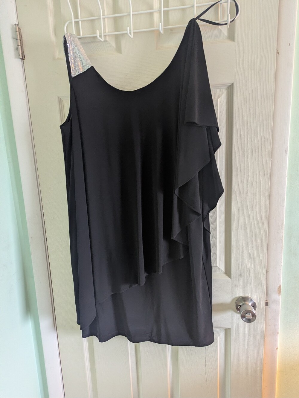 Dress Barn Black One-Shoulder Ruffle Dress with Iridescent Strap